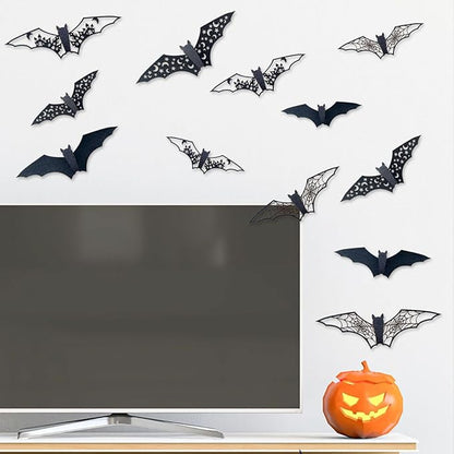 24Pcs Halloween Decorations Large Hollow Bats Wall Decor 3D Halloween Wall Decals PVC Scary Bat Stickers for Kitchen Bedroom Fireplace Bathroom Home Indoor Outdoor Halloween Party Decorations