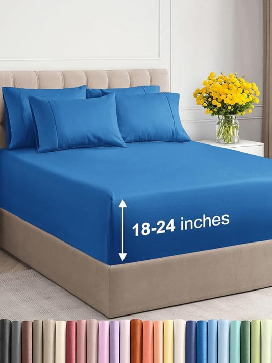 Extra Deep King Sheet Set - 6 Piece Breathable & Cooling Sheets - Hotel Luxury Bed Sheets Set - Easy & Secure Fit - Soft, Wrinkle Free & Comfy Sheets Set - Royal Blue Sheet Set with Extra Deep Pockets