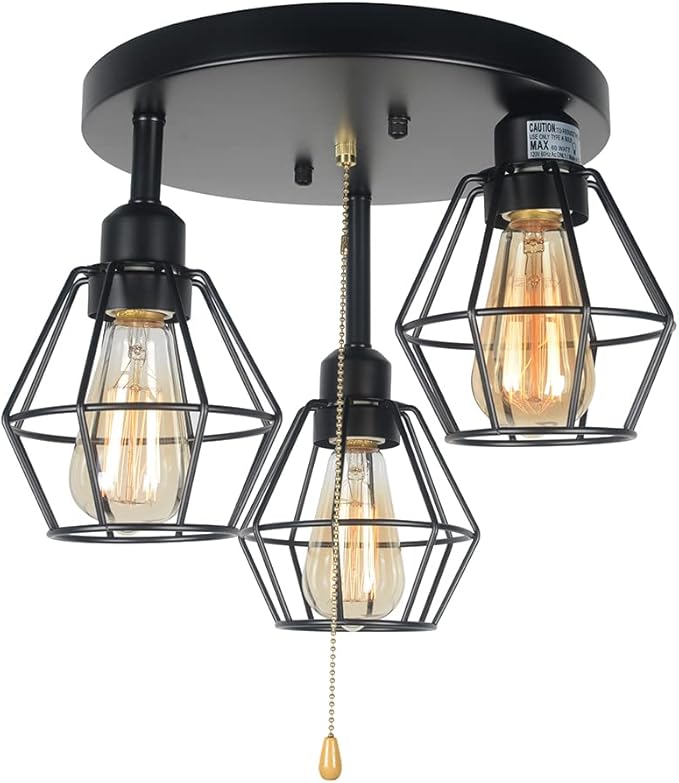 Industrial Pull Chain Ceiling Light Fixture, Black Metal Cage Semi Flush Mount Lighting with Pull String Modern Steampunk Entryway Kitchen Light 3 Lights Edison E26 BW17154