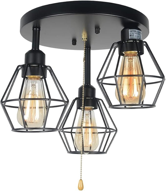 Industrial Pull Chain Ceiling Light Fixture, Black Metal Cage Semi Flush Mount Lighting with Pull String Modern Steampunk Entryway Kitchen Light 3 Lights Edison E26 BW17154