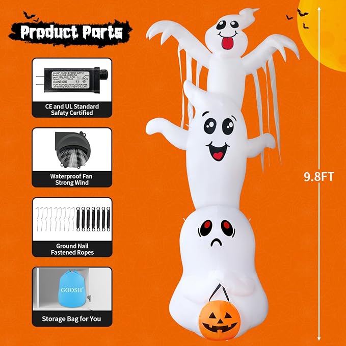 GOOSH 9.8 FT High Halloween Inflatable Overlap Ghost Outdoor Decorations Blow Up Yard with Built-in LEDs for Garden Lawn Indoor Party Decor (Three Ghosts)