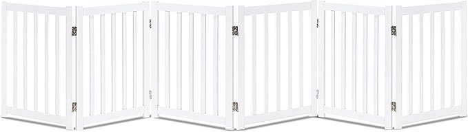 LZRS 6-Panel Extra-Wide Freestanding Wooden Dog Gate – 24”High Foldable Safety Pet Barrier for Doorways, Hallways, Kitchens, and Long Staircases, Durable Design fit Small to Medium Dogs, White