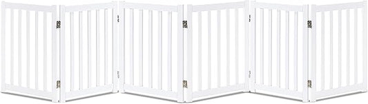 LZRS 6-Panel Extra-Wide Freestanding Wooden Dog Gate – 24”High Foldable Safety Pet Barrier for Doorways, Hallways, Kitchens, and Long Staircases, Durable Design fit Small to Medium Dogs, White