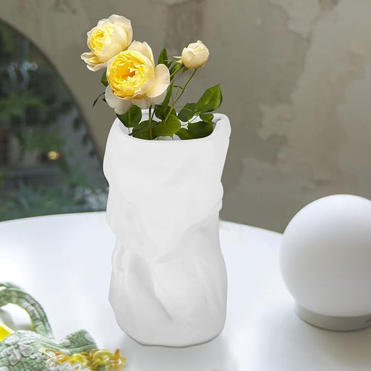 8.4" Paper Bag Vase, White Ceramic Vase, Handmade Irregular Crinkle Flower Vases, Unique Boho Minimalist Art Decorative Vase for Flowers, Modern Home Decor for Room Table Office Wedding Party
