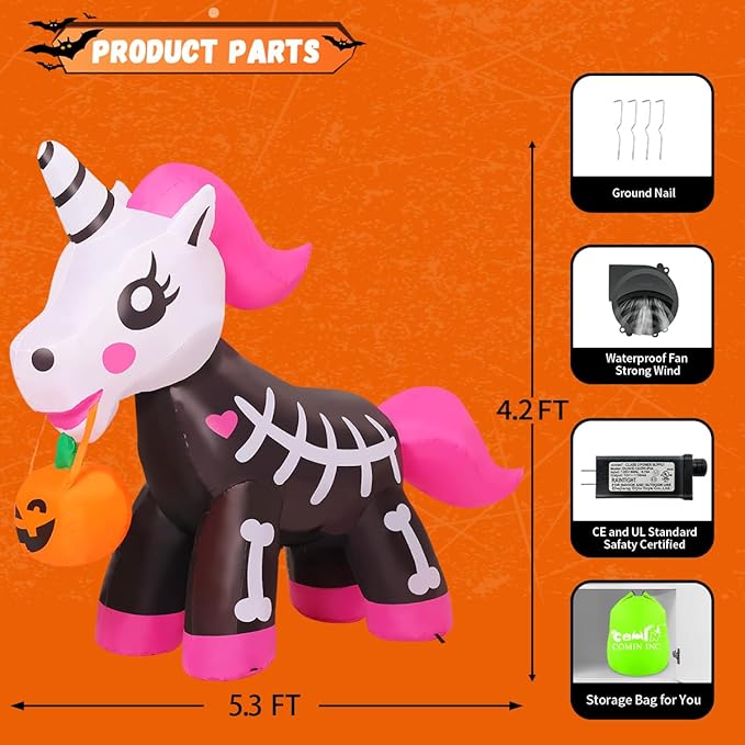 COMIN 5 FT Halloween Inflatables Skeleton Unicorn Outdoor Decorations Blow Up Yard Pink Cute with Built-in LEDs for Indoor Party Garden Lawn Decor