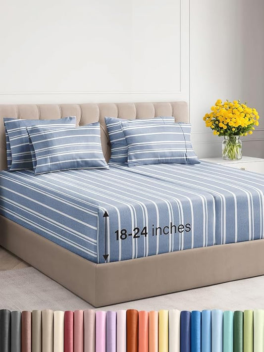 Extra Deep Split King Sheet Set - 7 Piece Breathable & Cooling Sheets - Hotel Luxury Bed Sheets Set - Easy Fit - Soft, Wrinkle Free & Comfy Sheets Set - Blue Striped Sheet Set w/Extra Deep Pockets