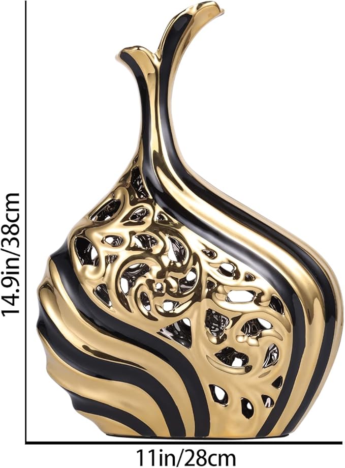 Black and Gold 15 inch Floor Standing Large vase with Unique skeletonized Large vase Pampas Grass Decoration for Living Room, Home Office Porch Shelves on Floor entryway Entrance Tabletop Decoration.