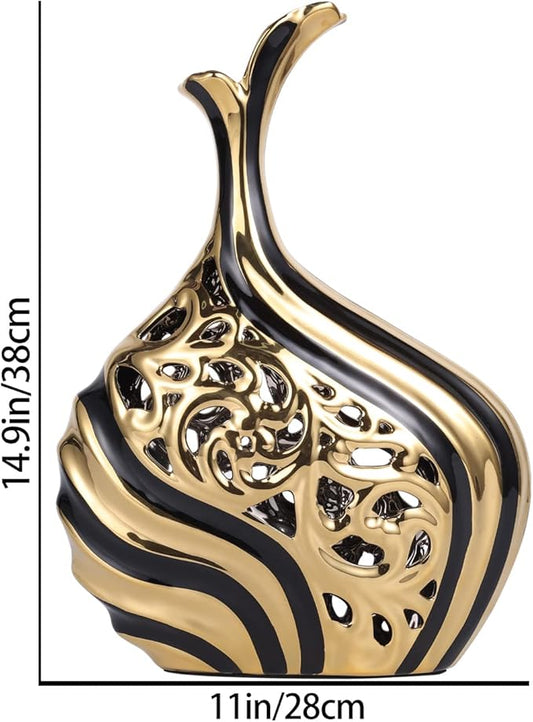 Black and Gold 15 inch Floor Standing Large vase with Unique skeletonized Large vase Pampas Grass Decoration for Living Room, Home Office Porch Shelves on Floor entryway Entrance Tabletop Decoration.