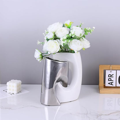 White and Silver Vase Set of 2, Nordic Modern Ins Style Vases, Boho Ceramic Vases for Centerpieces, Mid Century Abstract Donut Vase, Unique Funky Vase for Wedding, Decorative Pampas Grass Vase Decor
