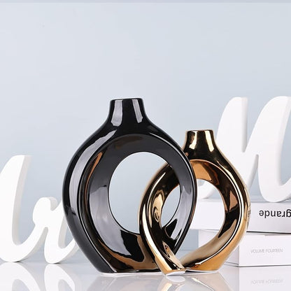 Black Gold Ceramic Vase Set of 2 for Modern Home Decor,Round Boho Vase for Pampas Grass,Neutral Minimalist Vase for Dining Room Table Centerpiece Dining Room,Wedding Table Decoration