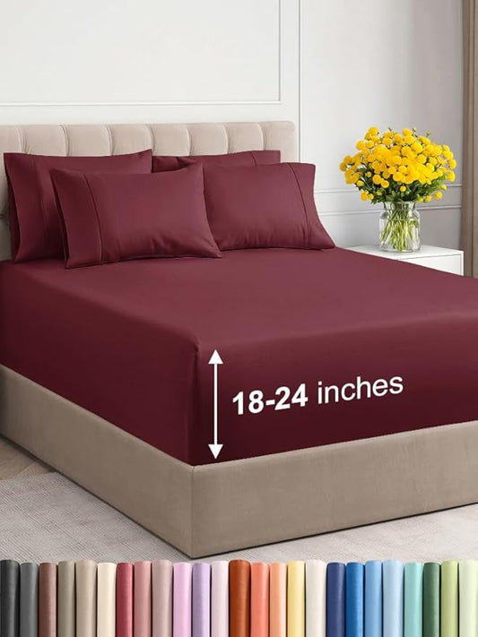 Extra Deep Queen Sheet Set - 6 Piece Breathable & Cooling Sheets - Hotel Luxury Bed Sheets Set - Easy & Secure Fit - Soft, Wrinkle Free & Comfy Sheets Set - Burgundy Sheet Set with Extra Deep Pockets
