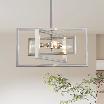 Modern Brushed Nickel Chandelier 3-Light Geometric Ceiling Light Fixture 16" Adjustable Height Pendant for Foyer, Entryway, Dining Room