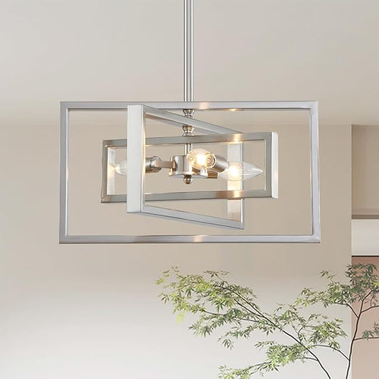 Modern Brushed Nickel Chandelier 3-Light Geometric Ceiling Light Fixture 16" Adjustable Height Pendant for Foyer, Entryway, Dining Room