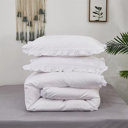 Wellboo White Comforters Full Size Solid White Shabby Chic Farmhouse Bedding Comforter Set Women Girls Ruffle Bed Quilt Boho White Lace Blankets Soft Vintage Rustic Floral Lace Comforter Set Durable