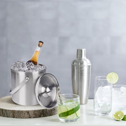 3L Double-Wall Insulated Stainless Steel Ice Bucket with scoop for Cocktail Bar - Metal Ice Bucket for freezer with Lid for parties, Camping,and More!champagne bucket,bar cart accessories (silver)