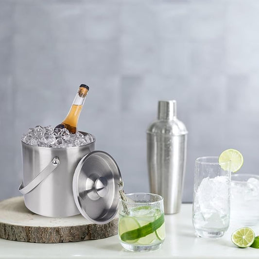 3L Double-Wall Insulated Stainless Steel Ice Bucket with scoop for Cocktail Bar - Metal Ice Bucket for freezer with Lid for parties, Camping,and More!champagne bucket,bar cart accessories (silver)