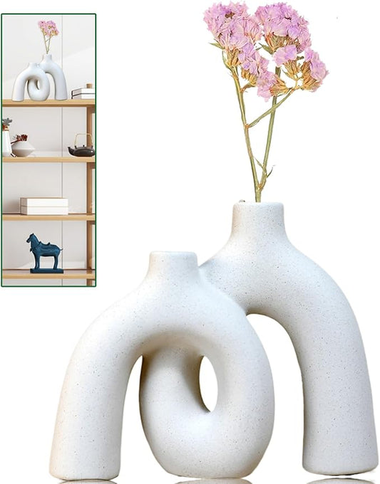 Hug Donut Decorative Vase Set,Minimalist Nordic Boho Style Vases Home Decor,Matte Ceramic Hollow Vase Decorations for Living Room Shelf, Bookshelf Mantle Entryway Table or Console Décor. (White)