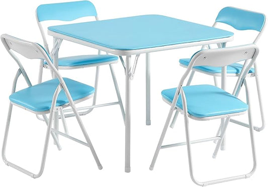 VECELO Folding Activity Table and Chairs 5 Pcs, Portable, with Ultra Soft PU Padded Cushion, 5 Piece Set, Blue