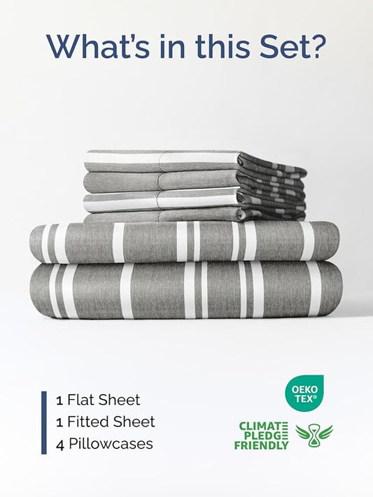 Extra Deep Queen Sheet Set - 6 Piece Breathable and Cooling Sheets - Hotel Luxury Bed Sheets Set - Easy Fit - Soft, Wrinkle Free and Comfy Sheets Set - Grey Striped Sheet Set with Extra Deep Pockets