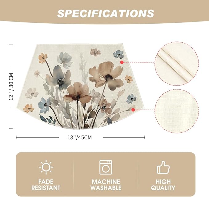 Artoid Mode Brown Poppy Floral Round Table Wedge Placemats Set of 6, Seasonal Winter Kitchen Dining Table Decoration for Indoor Party Home