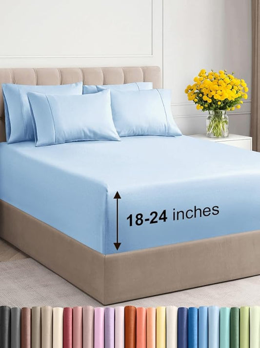 Extra Deep Cal King Sheet Set - 6 Piece Breathable and Cooling Sheets - Hotel Luxury Bed Sheets Set - Easy Fit - Soft, Wrinkle Free and Comfy Sheets Set - Light Blue Sheet Set with Extra Deep Pockets