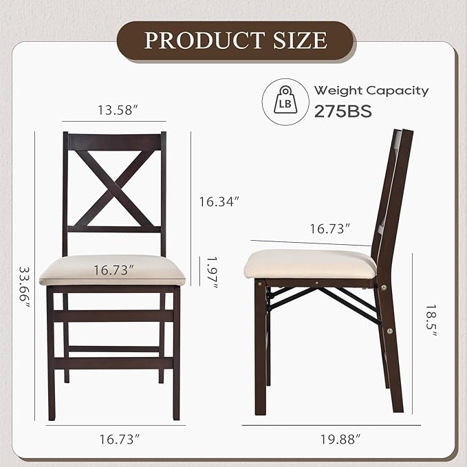 COLAMY Folding Dining Chairs Set of 2, Foldable Chairs with Padded Seats, Wood Folding Dining Room Chairs for Dinner, Kitchen, Party, Camping, Beige