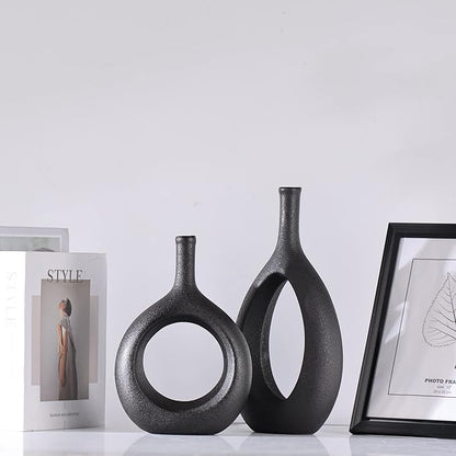 Black Ceramic Vase Set 2,Modern Hollow Circle with Hole Flower Vase for Home Decor,for Table Centerpieces,Farmhouse,Fire Place,Living Room,Bedroom,Office,Bookshelf,Rustic Decor