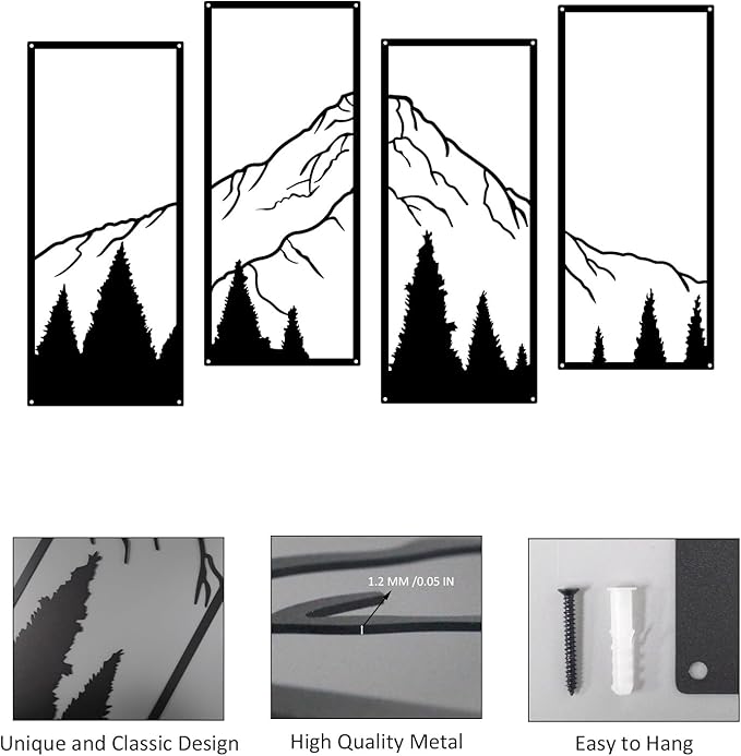 ruelen 4 Pcs Metal Mountain and Forest Wall Decor Line Drawing Wall Art Abstract Minimalist Wall Art Rustic Nature Wall Decor for Home Office Kitchen Bathroom Living Room(Black, large)