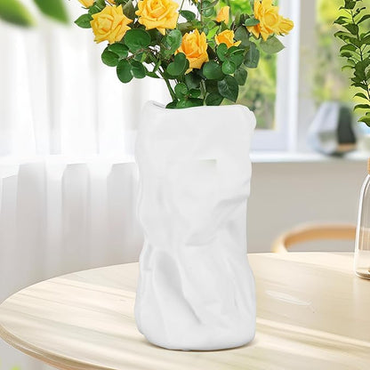 8.4" Paper Bag Vase, White Ceramic Vase, Handmade Irregular Crinkle Flower Vases, Unique Boho Minimalist Art Decorative Vase for Flowers, Modern Home Decor for Room Table Office Wedding Party