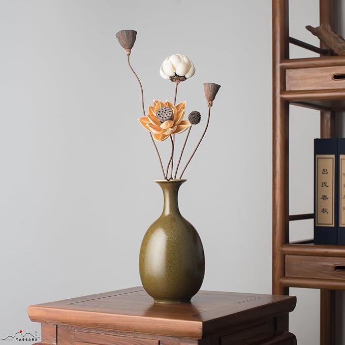 Tea Dust Color Ceramic Vase with Dried Flowers, Handmade in Jingdezhen for Modern Home Decor Office Bookshelf Tables Living Room Bedroom Shelf Decor Entryway Dry Flower Arrangement Ornament