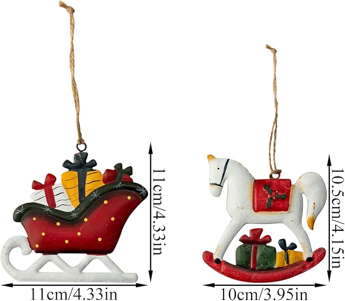 Metal Christmas Tree Ornaments 6-Pack Xmas Hanging Ornaments Santa Snowman Christmas Stocking Sleigh Ornaments for Christmas Tree Holiday Decorations, Outdoor Holiday Home Decorations