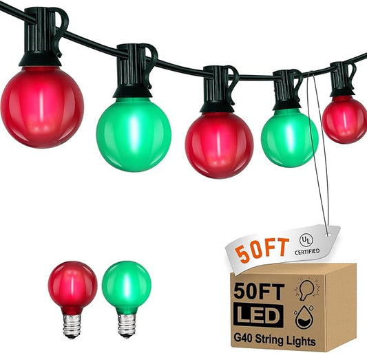 G40 LED Outdoor Christmas String Lights 50FT Hanging Globe String Light with 27 LED Shatterproof Frosted Red Green Lights(2 Spare), Waterproof Patio String Lights for Balcony Backyard Pergola Decor