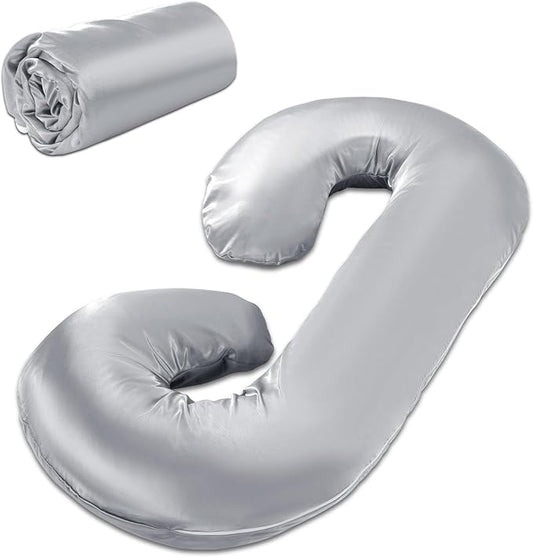 HOMBYS Silky Satin Pregnancy Pillow Cover (ONLY Pillowcase), Luxurious Smooth Maternity Pillow Cover, C Shaped Soft & Breathable Large Pillow Protector for Side Sleeper, 60.2" L x 34.2" W, Light Grey