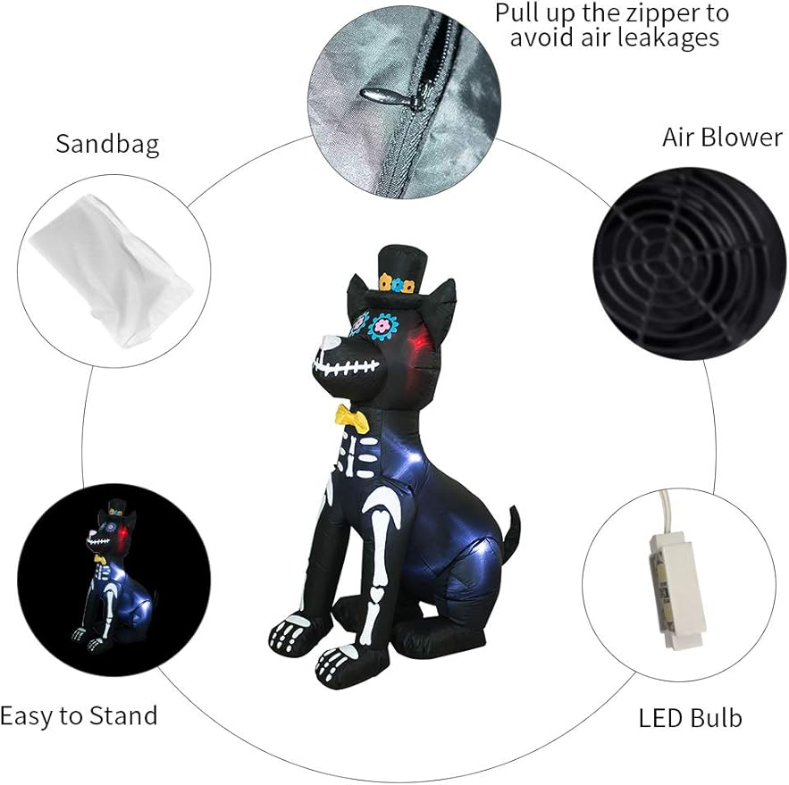 AJY 4 Feet Halloween Inflatable Dog Skeleton Spooky Town Skeleton Yard Art Décor Inflatable LED Lights Halloween Display Blow up Lighted Yard Decor Lawn Home Garden Party Favor Decoration