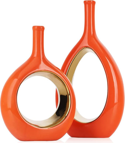 XMGZQ Ceramic Orange and Gold Vase Set of 2, Modern Vases for Home Decor, Centerpieces, Housewarming Gift, Living Room Dining Table, Flowers