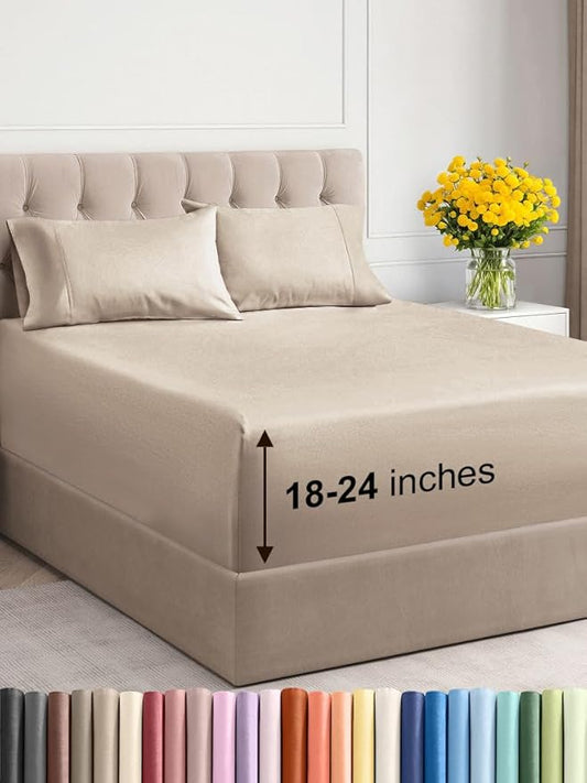 Extra Deep Twin XL Sheet Set - 4 Piece Breathable & Cooling Sheets - Hotel Luxury Bed Sheets Set - Easy & Secure Fit - Soft, Wrinkle Free & Comfy Sheets Set - Wheat Sheet Set with Extra Deep Pockets