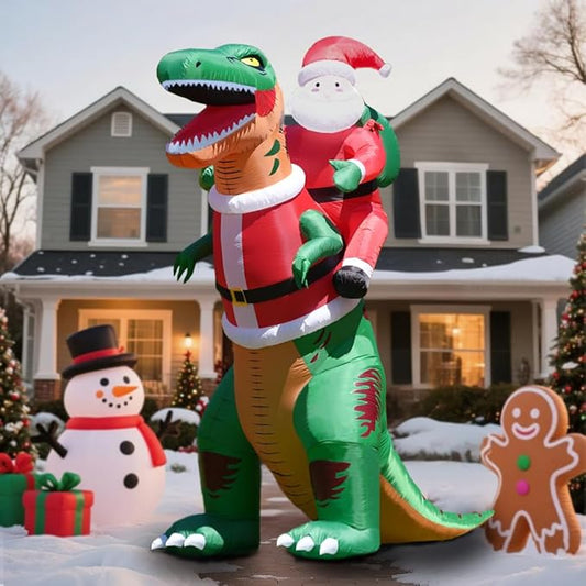 GARIG 9FT Christmas Inflatables Dinosaur and Santa Claus Outdoor Decorations, Christmas Blow Up Yard Decorations with Built-in LEDs for Xmax Outdoor Party, Yard, Garden