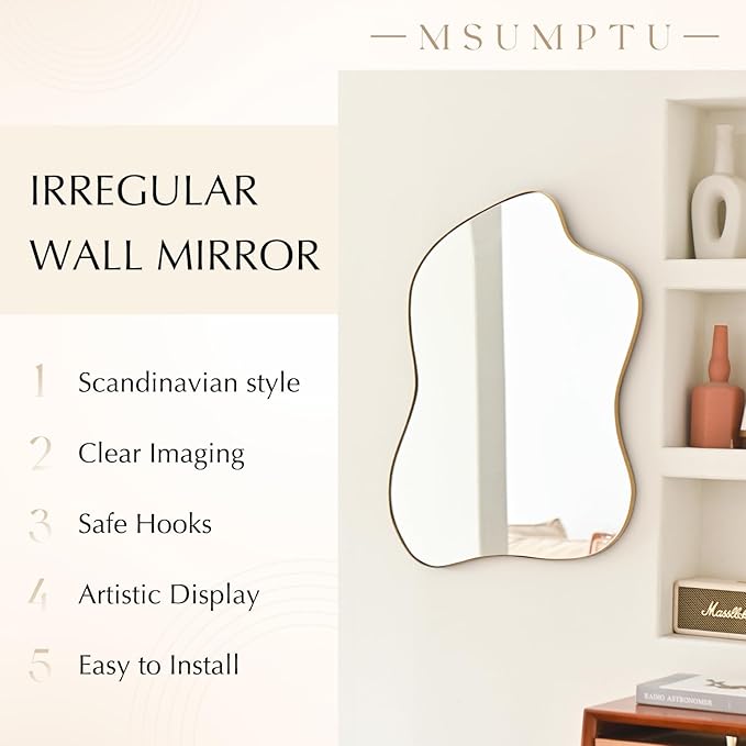 Irregular Wall Mirror Gold Wave Shaped Matel Framed Wall Mirror for Bathroom Bedroom Entryway Living Room Wall Decor 28" L x 20" W 2304Gold