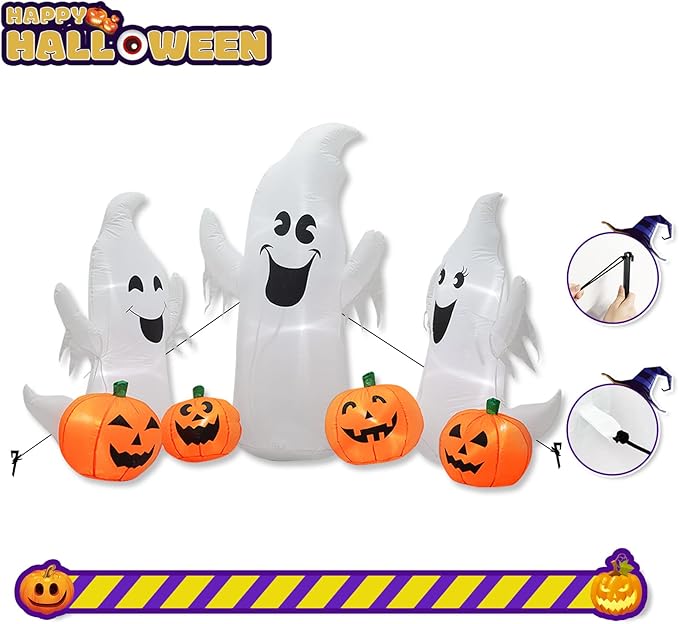 7FT Length Halloween Inflatable Ghosts and Pumpkins, 3 Ghosts Inflatables with Led Lights for Home Yard Lawn Indoor Halloween Outdoor Decoration