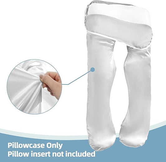 Silky Satin Pregnancy Pillow Cover (ONLY Pillowcase), U Shaped Luxurious Smooth Maternity Pillow Cover, Soft & Breathable Large Pillow Protector with Hidden Zip for Side Sleeper, White