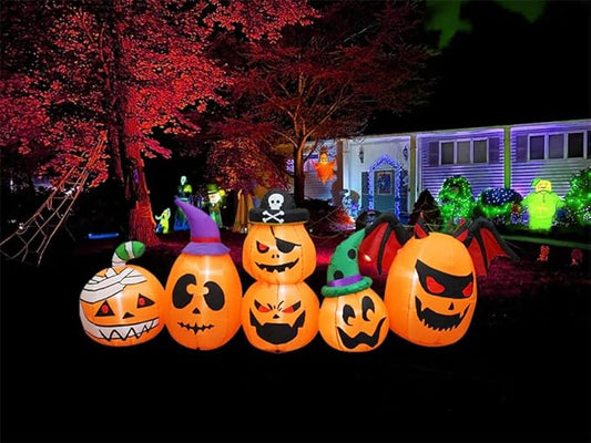 Amazingforless (4ft-12ft) Halloween LED Inflatable Decoration w/Blower Spooky Blow Ups (Frankenstein, Dragon, Ghost, Pumpkin, Skeleton Dog,Tree, Witch, Bathroom, Archways) (Pumpkin Family - 8ft)…