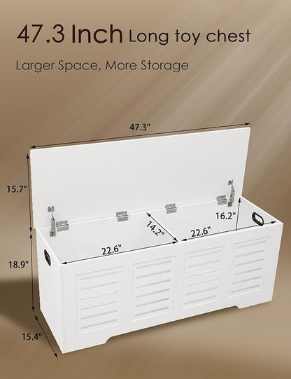 DINZI LVJ Storage Chest, 47.3” Wooden Toy Box with 2 Safety Hinges, Retro Entryway Shoe Storage Bench with Flip-Top, Sturdy Large Storage Trunk for Living Room, Bedroom, Easy Assembly, White