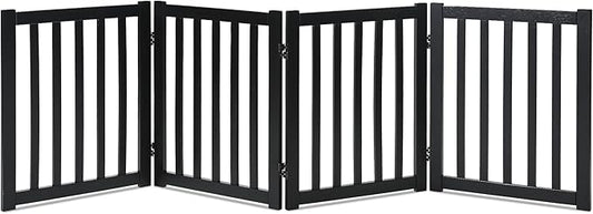 LZRS 4-Panel Wooden Free Standing Foldable Dog Gate – 24" High, Extra Wide Step-Over Safety Pet Gate for Doorways, Stairs, Hallways, Large Spaces & Playpen for Puppies Indoor Use, Black