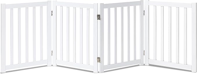 LZRS 4-Panel Wooden Free Standing Foldable Dog Gate – 24" High, Extra Wide Step-Over Safety Pet Gate for Doorways, Stairs, Hallways, Large Spaces & Playpen for Puppies Indoor Use, White