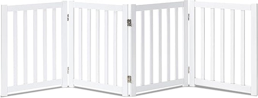 LZRS 4-Panel Wooden Free Standing Foldable Dog Gate – 24" High, Extra Wide Step-Over Safety Pet Gate for Doorways, Stairs, Hallways, Large Spaces & Playpen for Puppies Indoor Use, White