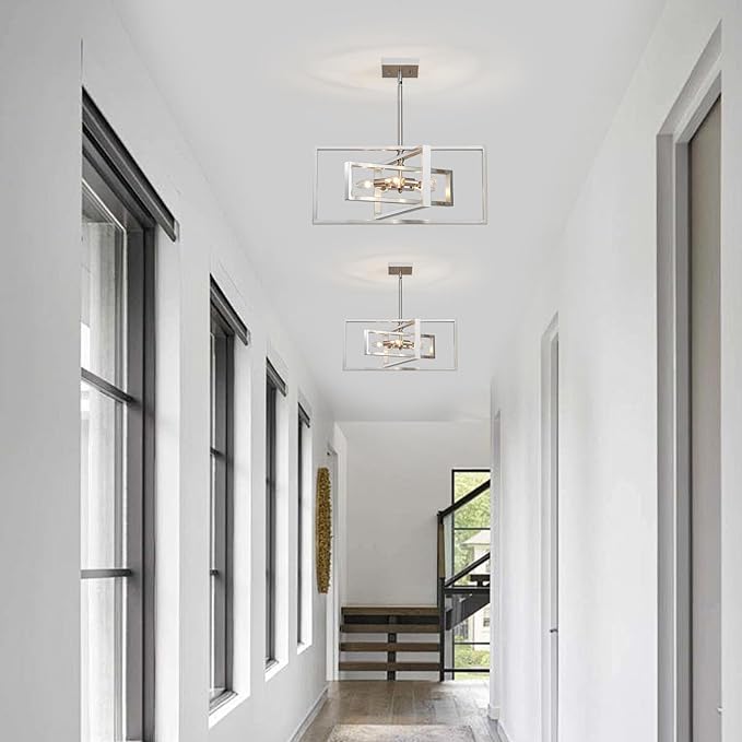 Industrial Chandelier, 5-Light Modern Geometric Ceiling Light Fixture, 22" Adjustable Height Pendant Lighting for Living Room Foyer Entryway Dining Room Brushed Nickel