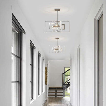 Industrial Chandelier, 5-Light Modern Geometric Ceiling Light Fixture, 22" Adjustable Height Pendant Lighting for Living Room Foyer Entryway Dining Room Brushed Nickel