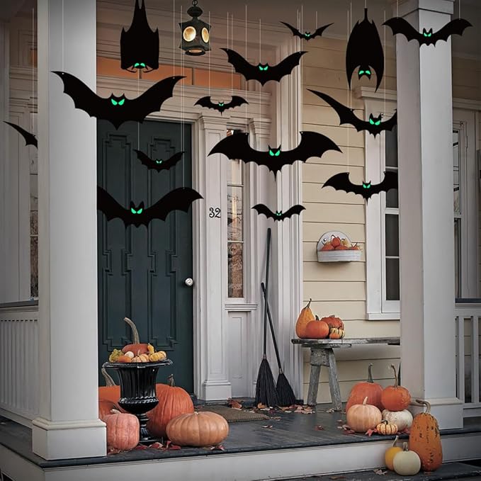 13 PCS Hanging Bats Halloween Decoration Outdoor Black Plastic Bats with Glowing Eyes Different Size Flying Bats Halloween Decor Hanging in The Tree, Porch, Yard, Lawn, Indoor