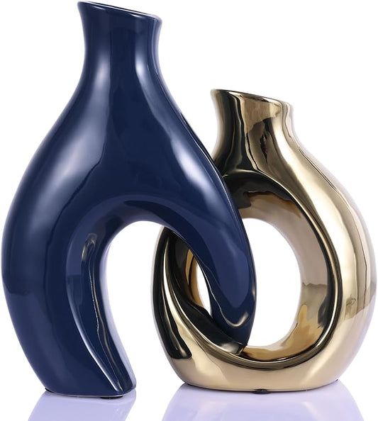Ceramic Decorative Vase 2 Piece Set, Bohemian Style Openwork Blue and Gold Decorative Vase, Home Decor Aesthetics for Kitchen Cabinets, Office, Bedroom, Dresser, Entryway Table Decoration.