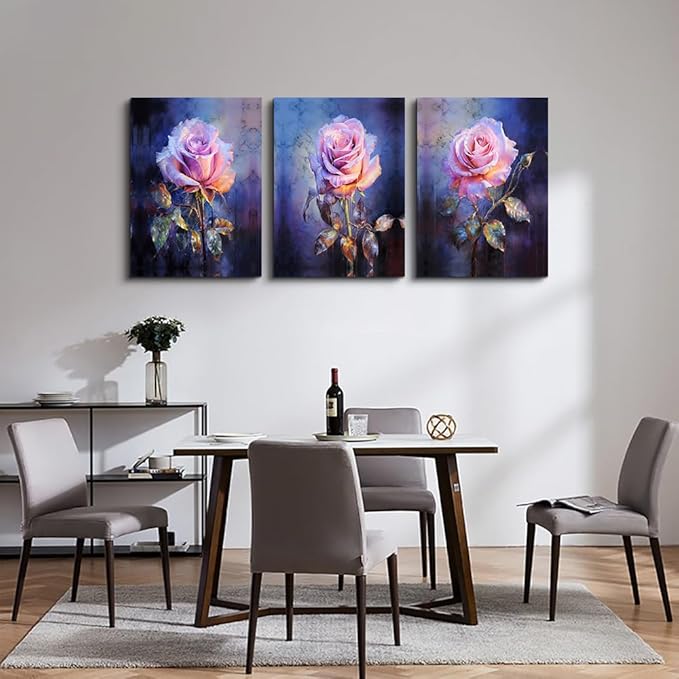 DZRWUBHS Canvas Wall Decor for Bedroom Living Room Wall Pictures Rose Flowers Wall Art Painting Modern Office Floral Home Decorations Vintage Posters Minimalist Farmhouse Ready To Hang 3 Piece